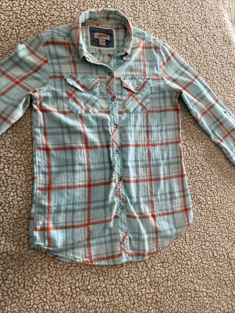 Arizona Jean Company Light Aqua and Orange Plaid Button-Up Shirt - Picture 6 of 9